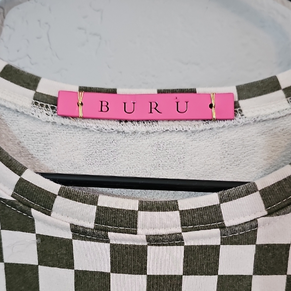 BURU Checkered Green and White Women's Crew Neck Crop Sweater Womens XL - Picture 2 of 7